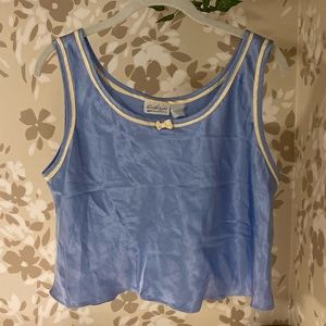 silky blue fabric vintage style cropped tank top/cami with yellow trim and bow.